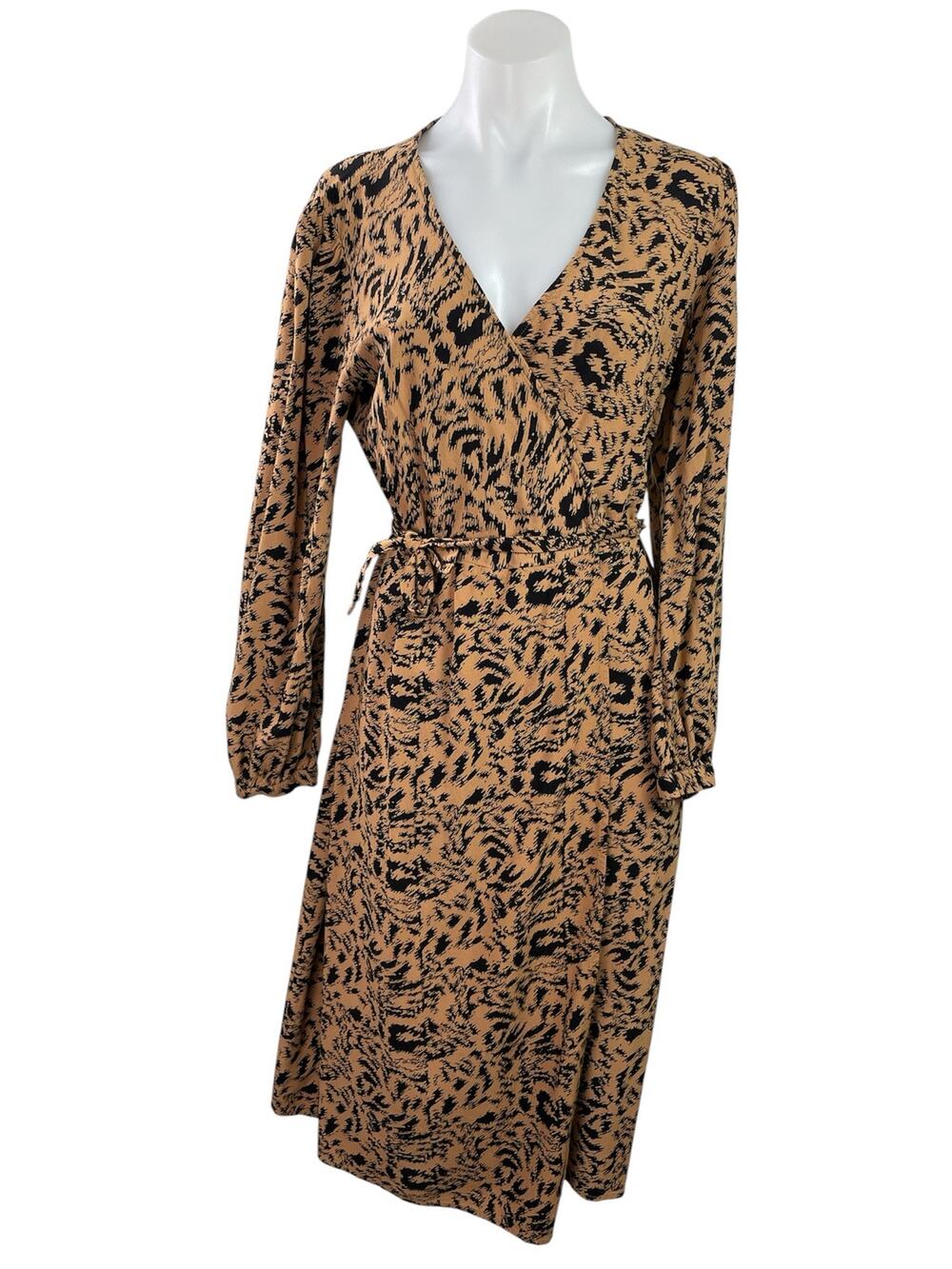 Y.A.S Women's Brown Leopard Print V Neck Long Sleeve Midi A-Line Wrap Dress Sz L